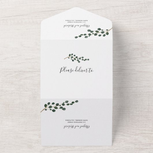 Ronde blad eucalyptus tak winter bruiloft all in one uitnodiging (Buitenkant)