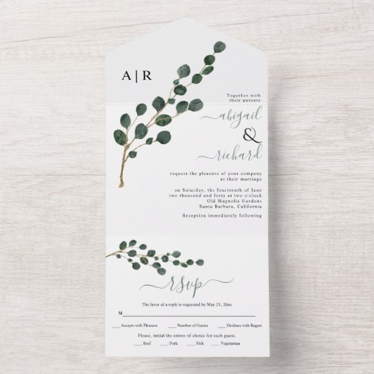 Ronde blad eucalyptus tak winter bruiloft all in one uitnodiging (Binnen)