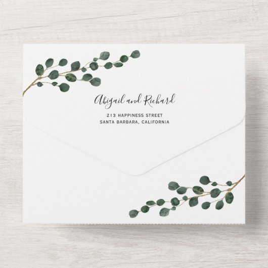 Ronde blad eucalyptus tak winter bruiloft all in one uitnodiging (Achterkant)