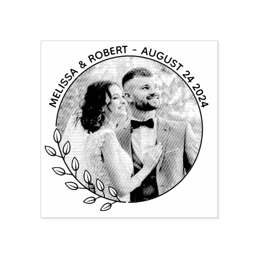 Ronde bladeren krans aangepaste foto bruiloft rubberstempel (Afrduk)