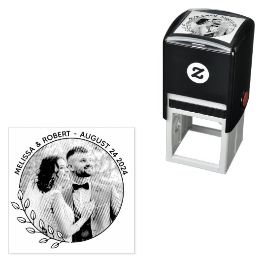 Ronde bladeren krans aangepaste foto bruiloft  zelfinktende stempel (In situ)