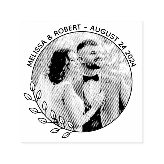 Ronde bladeren krans aangepaste foto bruiloft  zelfinktende stempel (Design)