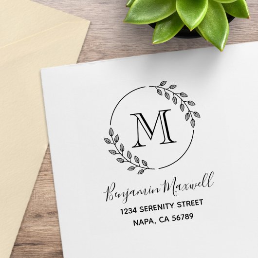 Ronde Bladeren Krans Monogram Adres Rubberstempel