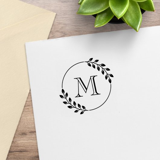 Ronde Bladeren Krans Monogram Initiaal 1x1 Rubberstempel