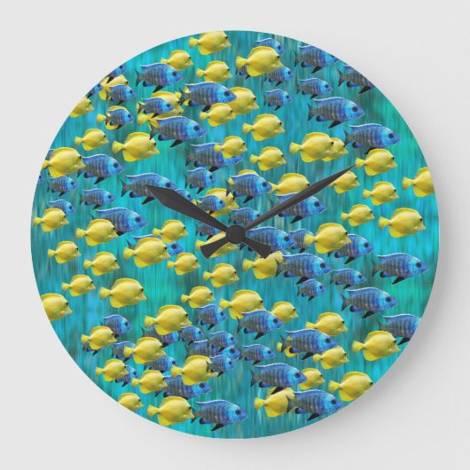 Ronde blauwe en gele vis wandklok (Voorkant)
