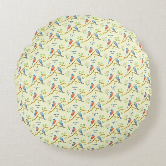 Ronde Blauwe Vogel Kussen met tekst Bleekgeel (Voorkant)