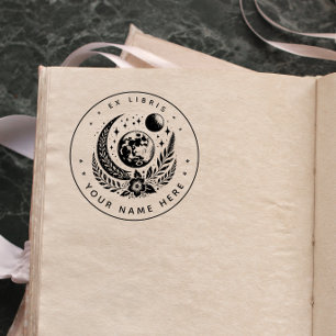 Ronde bloem-maan ex libris-stempel rubberstempel