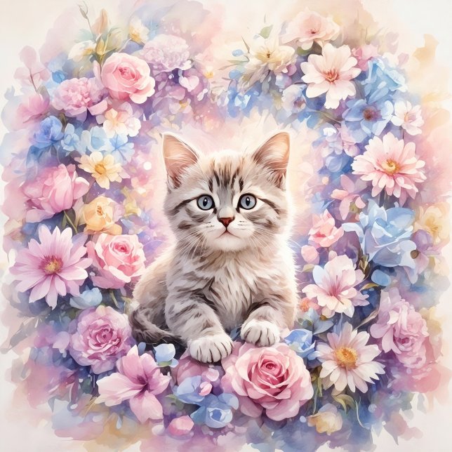Ronde bloemenkussen met katje rond kussen (Romantic Floral Kitten Round Throw Pillow)