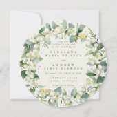 Ronde crème sneeuwbes + eucalyptus krans bruiloft kaart (Voorkant)