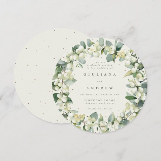 Ronde Crème Snowberry + Eucalyptus Krans Huwelijk Kaart (Voorkant / Achterkant)