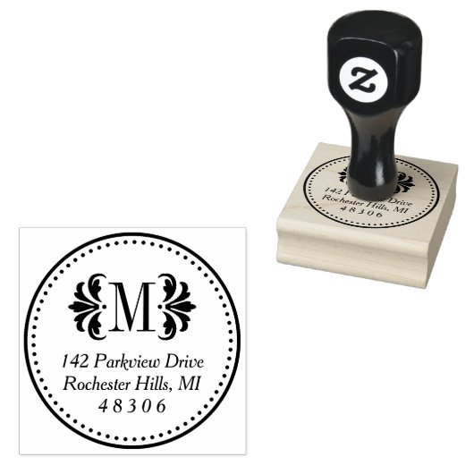 Ronde Damask Monogram Initiaal Retouradres Rubberstempel (Gestempeld)