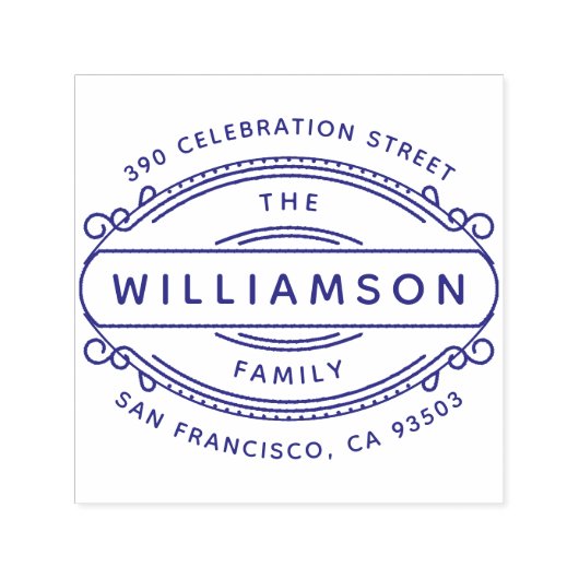 Ronde Deco Rand Familienaam & Retouradres Zelfinktende Stempel (Design)