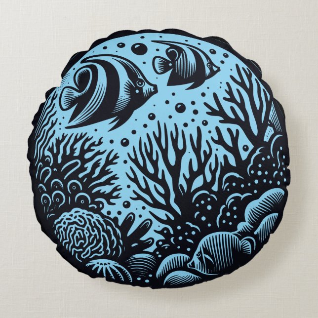 Ronde decoratieve kussen met oceaanthema en zeelev (Voorkant)