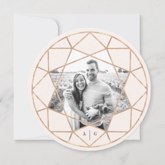 Ronde diamant geometrische edelsteen bruiloft foto save the date (Voorkant)