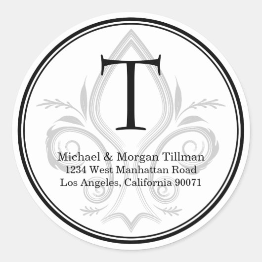 Ronde Eenvoudige Sticker Fleur Monogram Adreslabel (Voorkant)