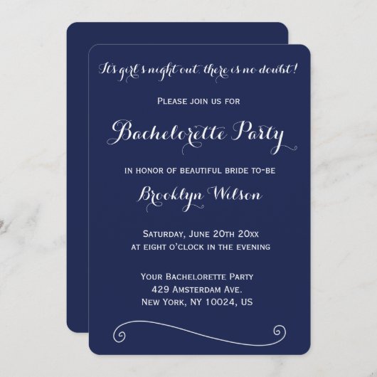 Ronde Elegante Navy Blauwe Bachelorette Feest Uitn Kaart (Voorkant / Achterkant)