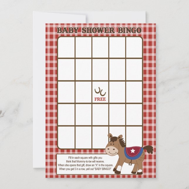 Ronde Em Up Western Horse Baby shower Bingo (Voorkant)