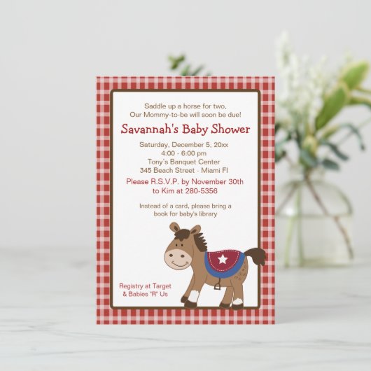 Ronde Em Up Western Horse Baby shower Invitation Kaart (Staand voorkant)