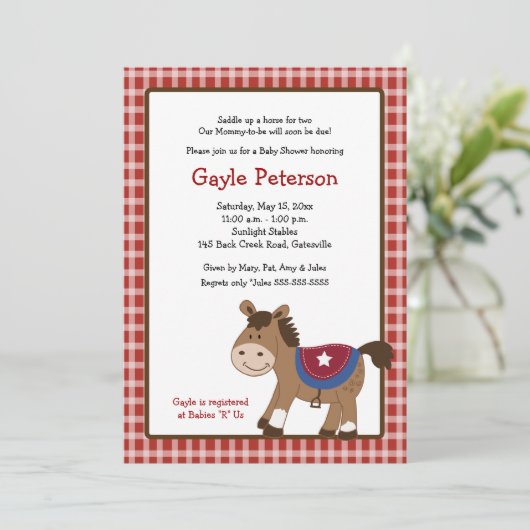 Ronde 'Em Up Western Horse Baby shower Invitation Kaart (Staand voorkant)