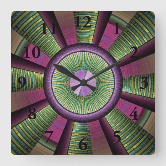 Ronde en kleurrijke moderne, decoratieve fractale vierkante klok (Voorkant)