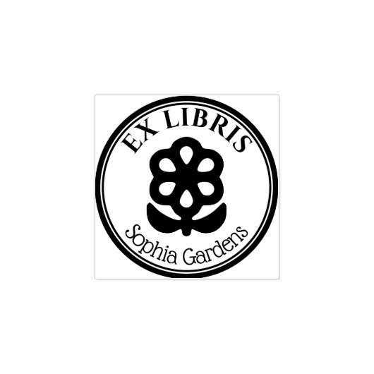 Ronde Ex Libris - Bloem en bladeren Motif Rubberstempel (Afrduk)