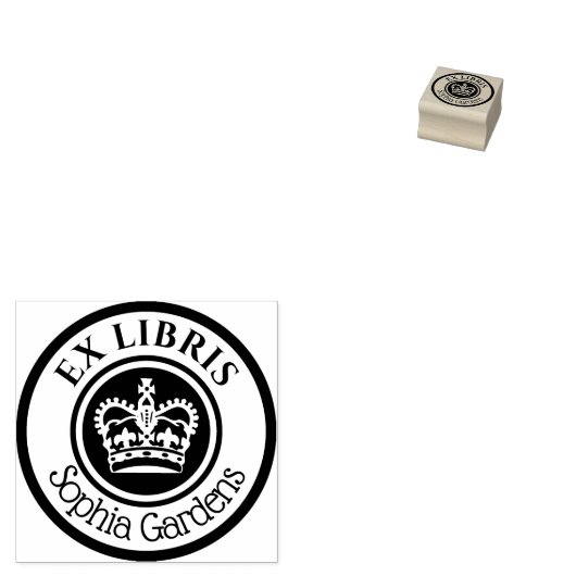Ronde Ex Libris Crown (wit op zwart) Rubberstempel (Gestempeld)