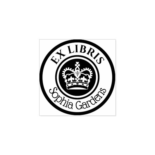 Ronde Ex Libris Crown (wit op zwart) Rubberstempel (Afrduk)