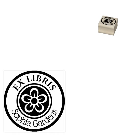 Ronde Ex Libris Flower Motif (wit op zwart) Rubberstempel (Gestempeld)
