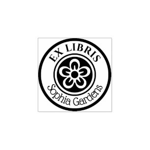 Ronde Ex Libris Flower Motif (wit op zwart) Rubberstempel