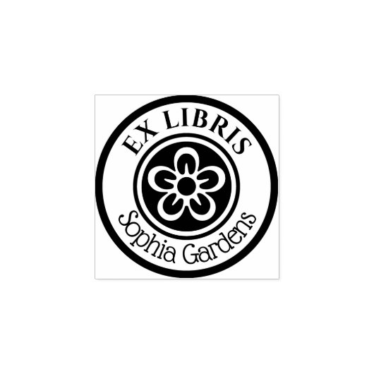Ronde Ex Libris Flower Motif (wit op zwart) Rubberstempel (Afrduk)