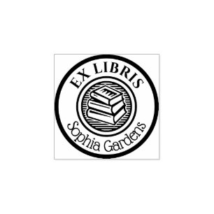 Ronde Ex Libris Stapked Books Motif Rubberstempel