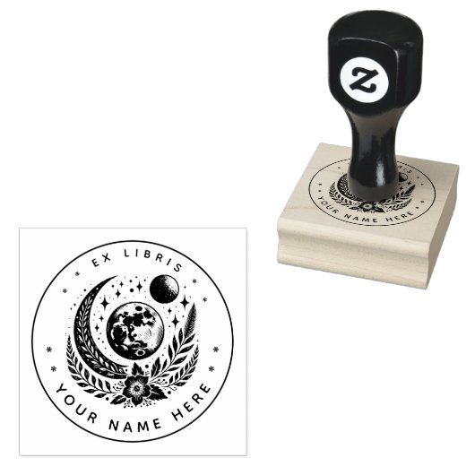 Ronde Floral maan ex libris stempel (Gestempeld)