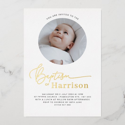 Ronde foto doop - Goud Folie Uitnodiging (Voorkant)
