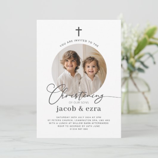Ronde foto Gezamenlijke jongens doopuitnodiging Kaart (Staand voorkant)
