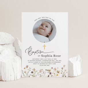 Ronde foto Wildflower Baptisme uitnodiging