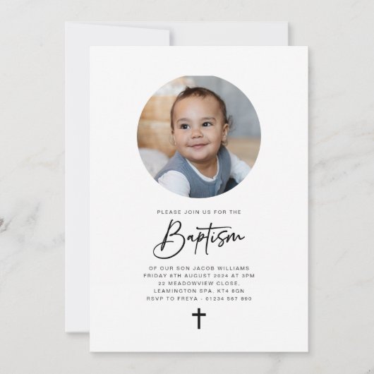 Ronde fotominimalistische Baptisme-uitnodiging Kaart (Voorkant)