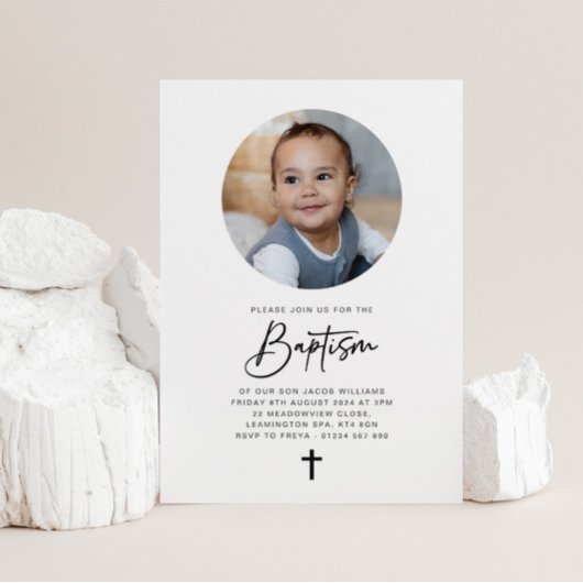 Ronde fotominimalistische Baptisme-uitnodiging Kaart