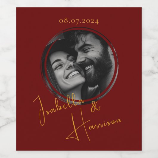 Ronde Gevormde Aangepaste Foto Rood en Goud Wijn Etiket (Enkel label)