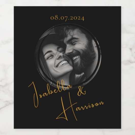 Ronde Gevormde Aangepaste Foto Zwart en Goud Wijn Etiket (Enkel label)