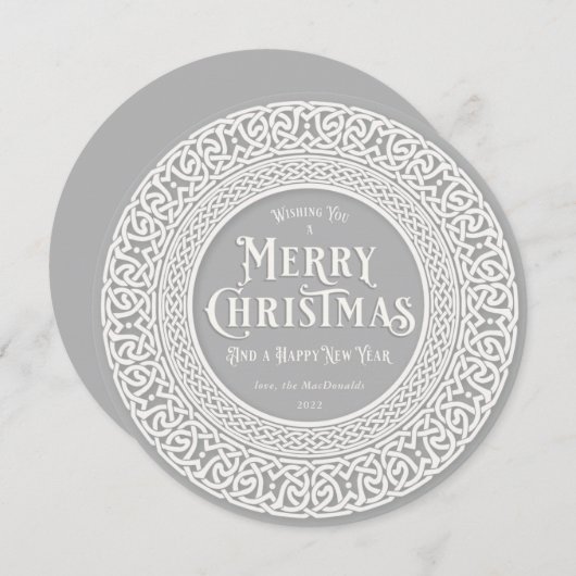 Ronde Grijs + Wit Keltisch Feestdagenkaart (Voorkant / Achterkant)