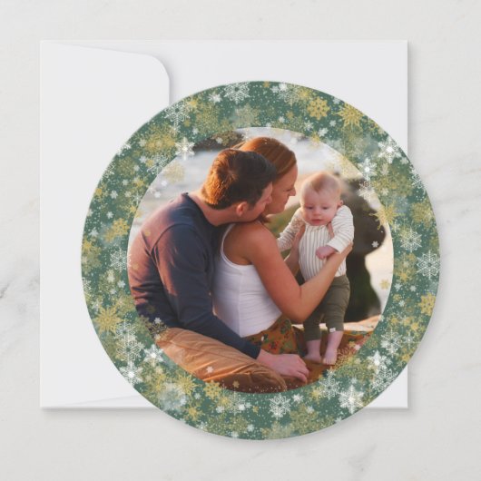 Ronde groene kerst-sneeuwvlokken foto feestdagenkaart (Voorkant)