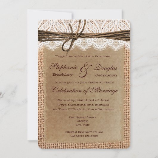 Ronde hoeken Burlap Print Wedding-uitnodigingen Kaart (Voorkant)