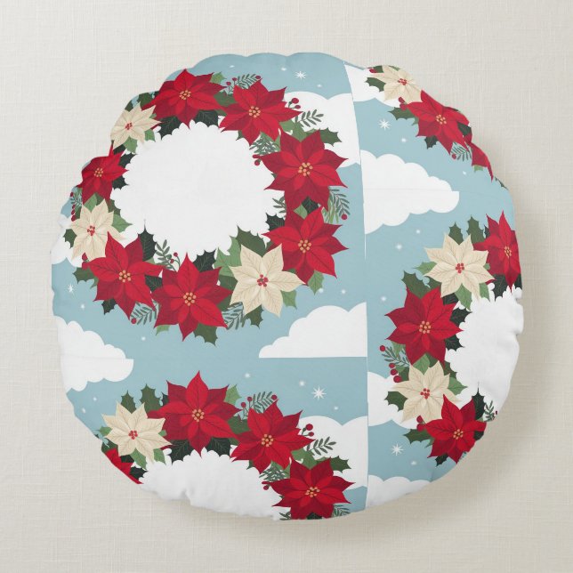 Ronde Kerst Bloemen Sierkussen Rond Kussen (Voorkant)