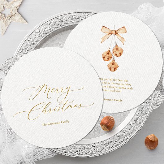 Ronde kerst Kaart met gouden script en klokken