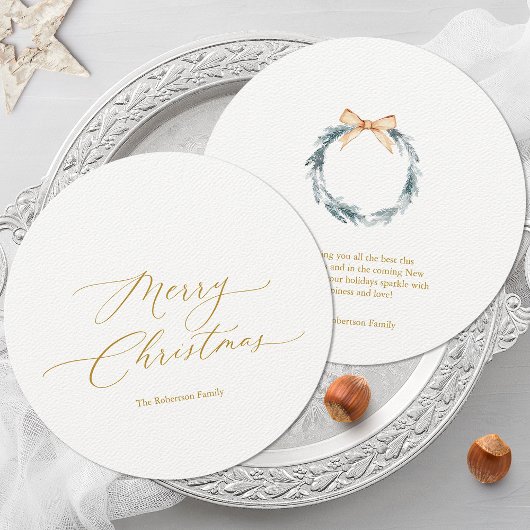 Ronde kerst Kaart met gouden script en krans