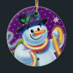 Ronde kerstboomversiering Snowman & tinsel. Keramisch Ornament<br><div class="desc">Ronde vorm paarse kerstboomversiering Sneeuwman en klatergoud. Paars. Deze vrolijke sneeuwman staat op het punt zijn boom te versieren met kleurrijk klatergoud. Bekijk de andere personages in deze zelfde serie,  Santa en Polar Beer en Rudolph.</div>