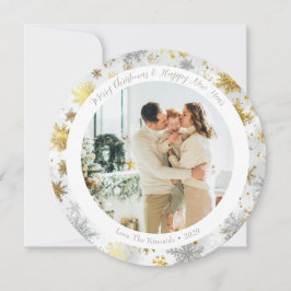 Ronde Kerstkaart met Gouden en Zilveren Sneeuwvlok