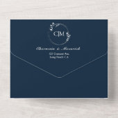 Ronde Klassieke Marine Blauw Monogram Bruiloft All In One Uitnodiging (Achterkant)