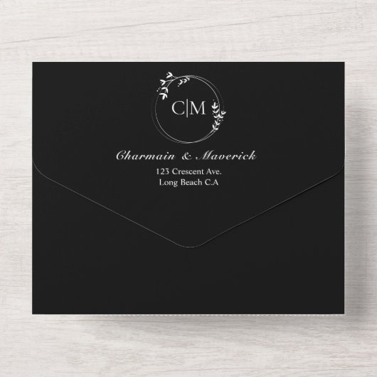 Ronde klassieke zwart-wit monogram bruiloft all in one uitnodiging (Achterkant)