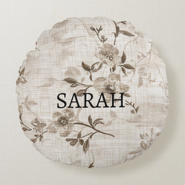 Ronde Kussen met Bruin Bloempatroon (Voorkant)